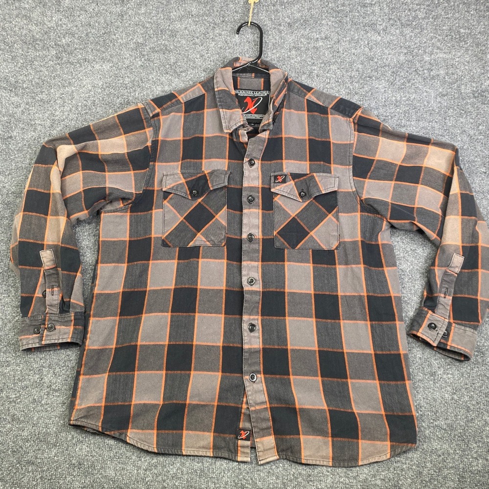 Milwaukee Leather Mens XL Flannel Shirt Orange Black Plaid Cotton Long Sleeve